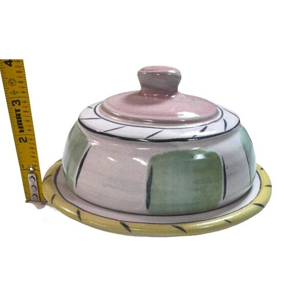Hand-Painted Pottery Butter Dish Cheese Lid Pastel Design Signed By Artist 3.5" - Picture 6 of 7